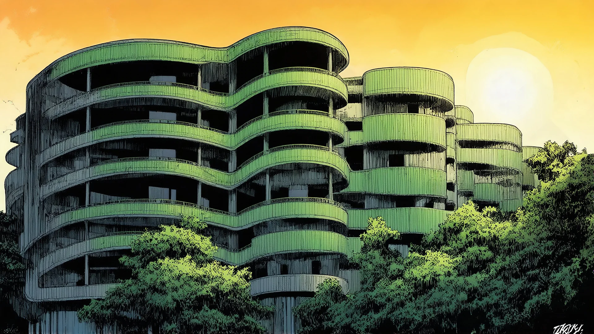 Comic style, multi-level green and gray building with unique architectural features like curved walkways and balconies overlooking a serene forest at sunset, graphic illustration, comic art graphic novel art, highly detailed