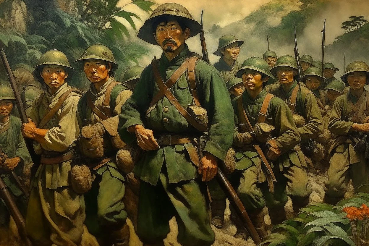 Japanese 1920 oil painting Fedra and the CRM but as Vietnam soldiers.