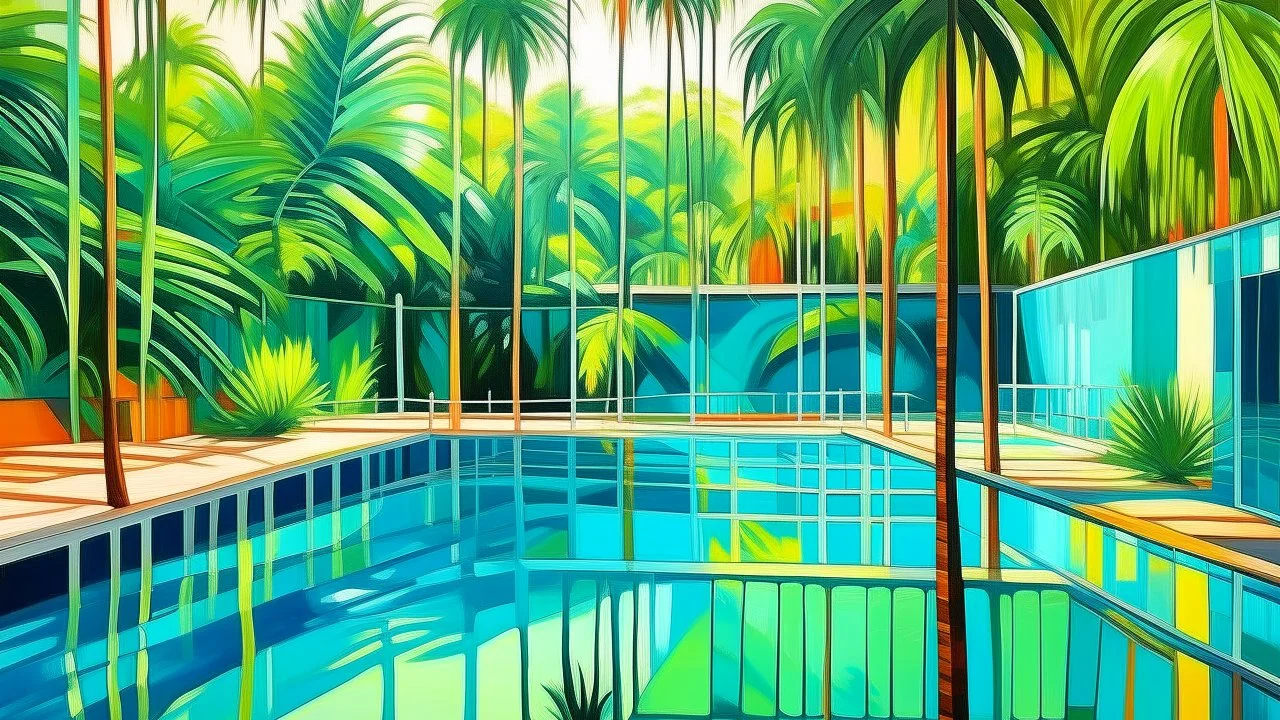 Bright Caribbean swimming pool scene with still water, palm shadows across the surface, simple modernist buildings around the pool, dense tropical vegetation beyond the fence, soft abstraction and luminous colors, serene and contemplative mood, oil on canvas inspired by Hurvin Anderson