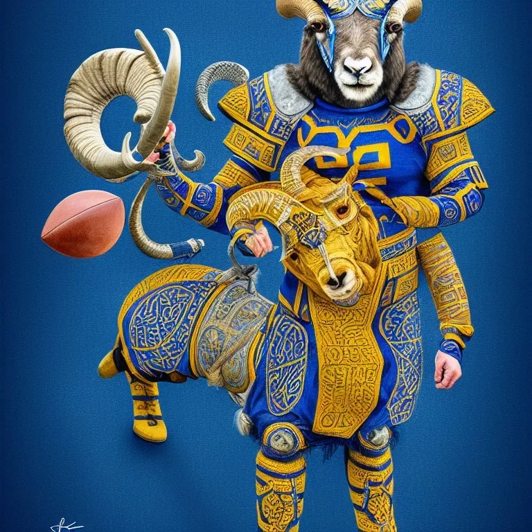 Book of Kells carpet page in blue and yellow colors, picture of a bighorn ram in armor and holding a football, a highly detailed illustration, realistic render, 8 k, micro detail, intricate, elegant, centered, digital painting, Artstation, smooth, sharp focus, illustration, artgerm