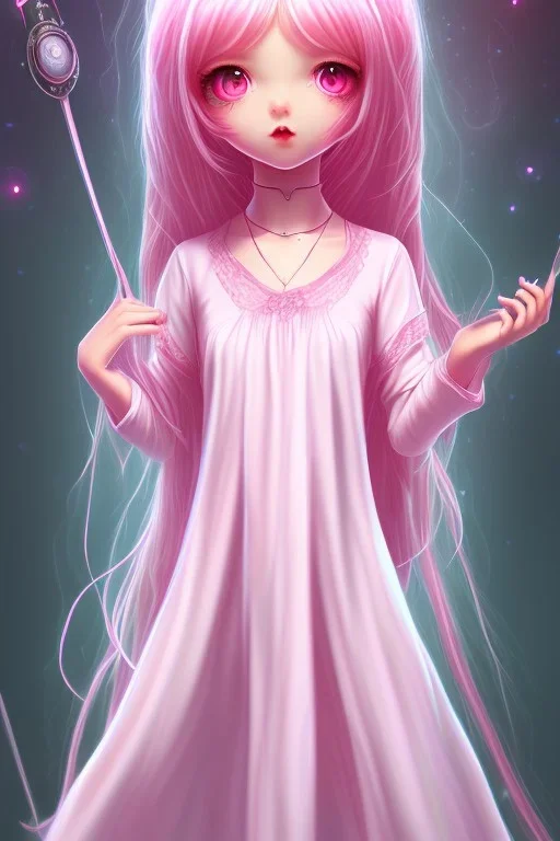 Loli wearing long nightgown, hands behind back, wholesome, innocent, long pink hair, tilted head