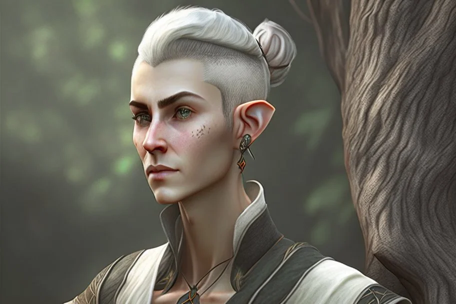 A Fantasy wood elf, a white masculine elf with black short hair tied up in a bun. Full body, HD