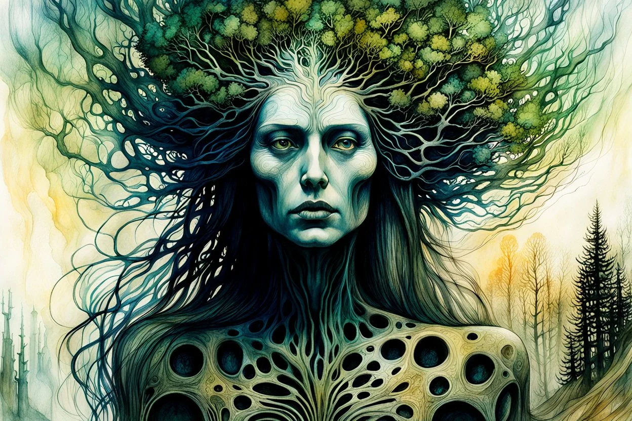 Zdzislaw Beksinski, Max Ernst, and Peter Gric style ink wash and watercolor, full body illustration of a transcendent woman , highly detailed facial features, mixed to anatomical body view, visible plant like skeletal structure, wildly flowing hair, 8k octane, all in focus, clean face, no grain, ethereal, otherworldly, Ancient Druid Forest Goddess concept art in vibrant natural autumnal colors