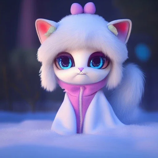 Cute fumo plush of a beautiful anthropomorphic princess cat girl wearing a puffy jacket in a winter wonderland; beautiful full volumetric lighting, cinematic illumination, brilliant coloring, smooth, sharp focus, crispy quality, vray; Pixar, Disney, Artstation; HD, HDR, SF, CGSociety, 16k, photorealistic, unreal engine