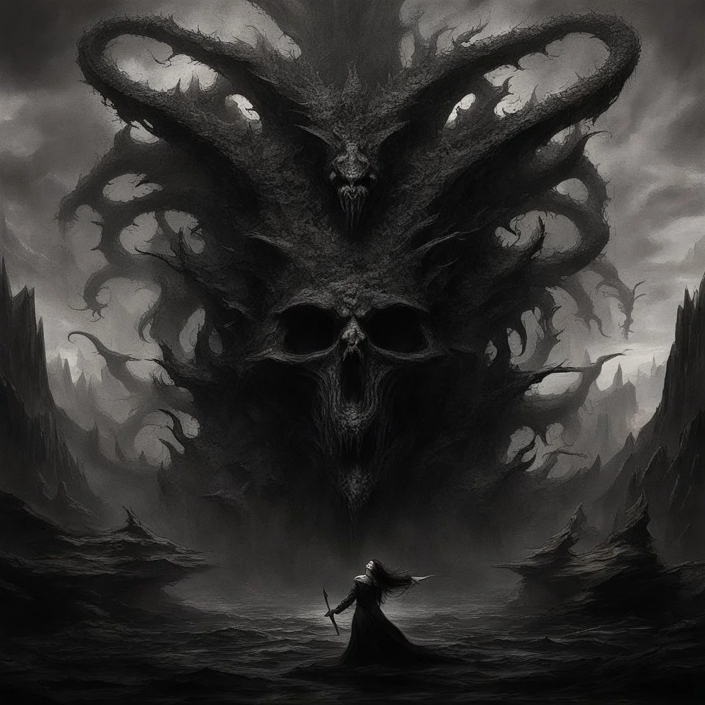 Generate a visually striking artwork that depicts 'Abaddon' as a formidable and malevolent entity, drawing inspiration from dark mythology and biblical references. Incorporate elements of chaos, destruction, and a foreboding atmosphere, while highlighting Abaddon's menacing presence and otherworldly power.