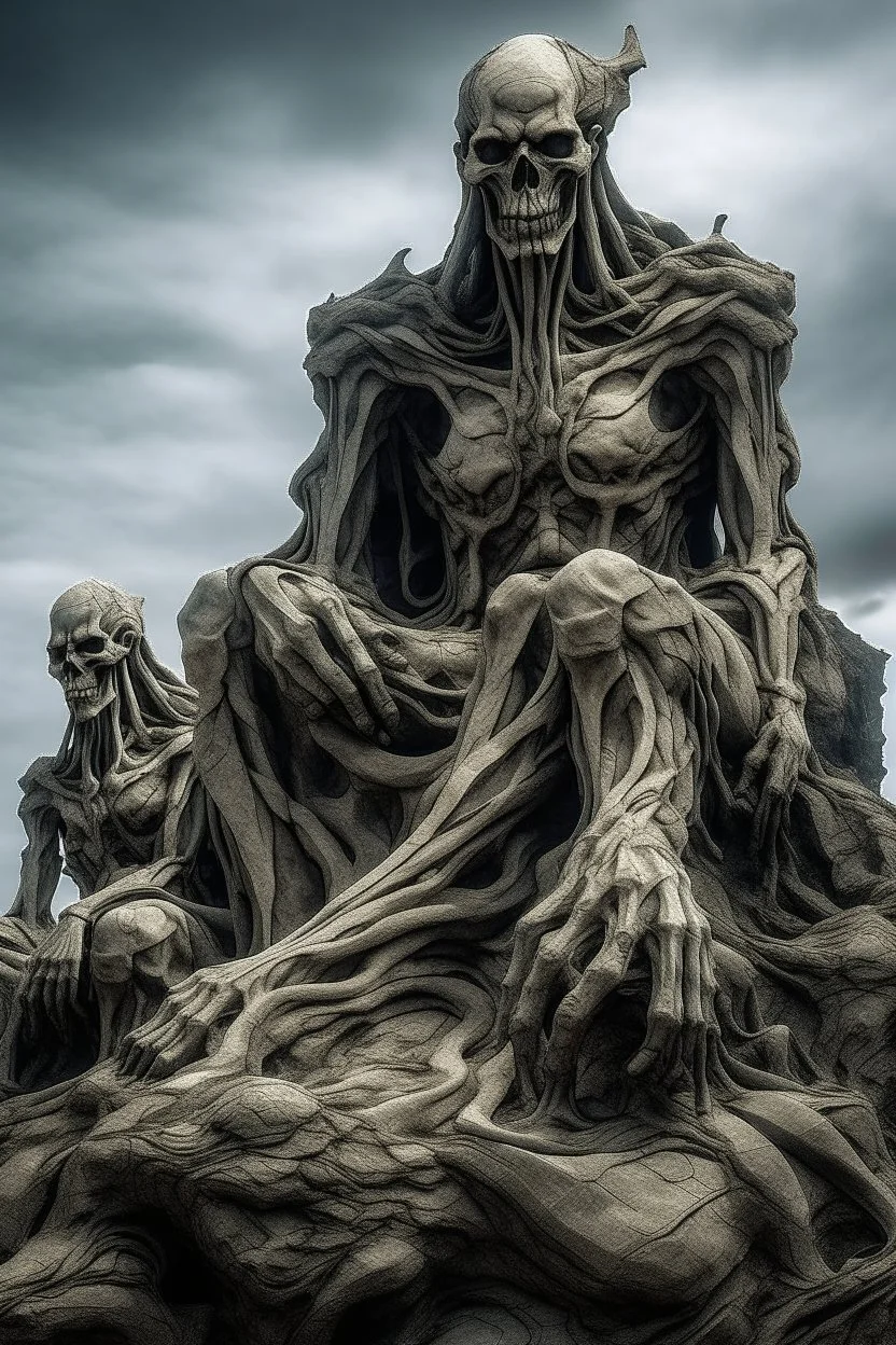 sculpture of gods on a top of a mountain . decayed and rotting with grotesque proportions and imagery. abstract grotesqueries, detailed texture, surreal horror, biomechanical design, by hr giger and beksinski