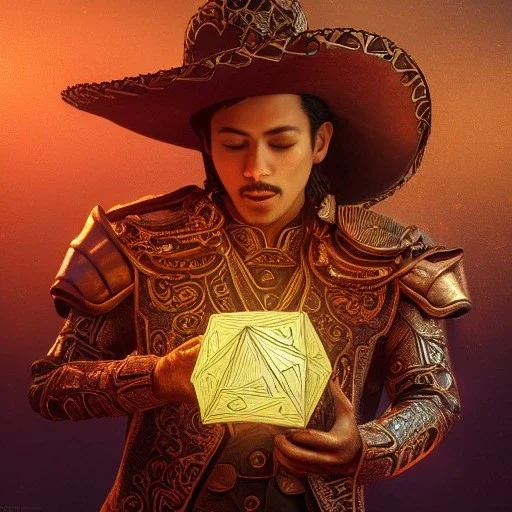 Insanely detailed photograph of an “ a male mariachi focusing on a glowing D20” with intricately detailed Sombrero, intricate armored charo, hyperdetailed painting by Ismail Inceoglu Huang Guangjian and Dan Witz CGSociety ZBrush Central fantasy art album cover art,8K, hdr, mysterious, flickeringlights ,Stoic