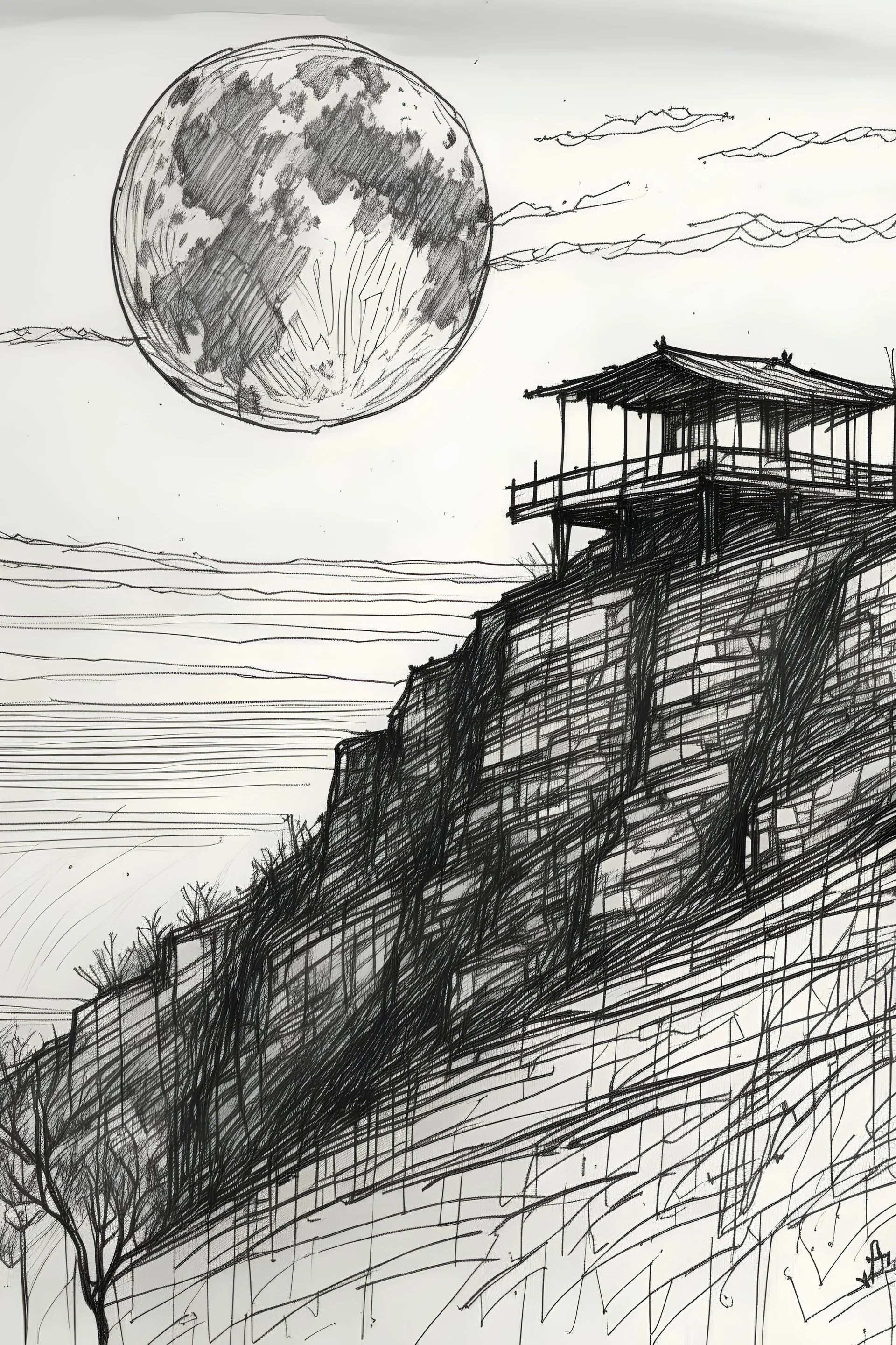 pen sketch of a padoga on a bluff looking out to the moon