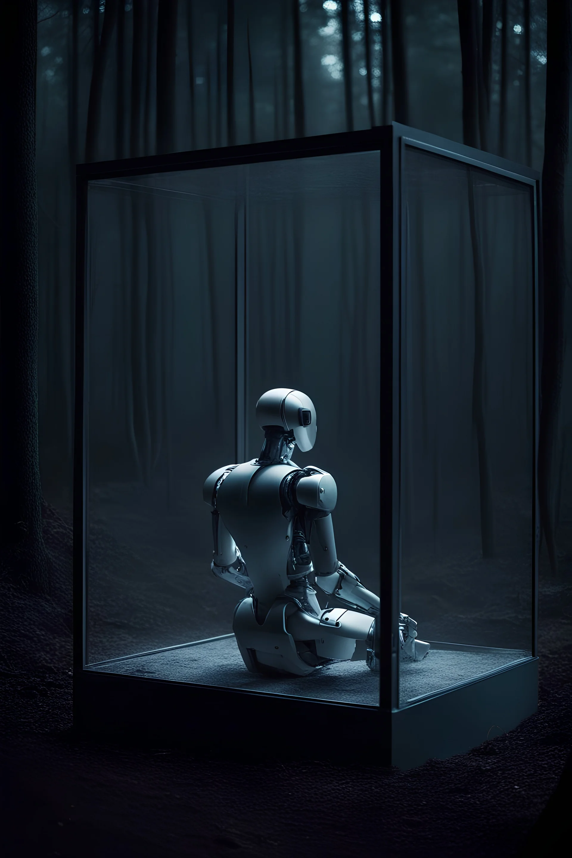 1970s photo 35mm iso 200 scratches and dust chromatic aberration slow shutter speed, a minimalist, monochromatic humanoid robot sitting inside a glass box, in a dark forest at night, looking thoughtful and solemn.