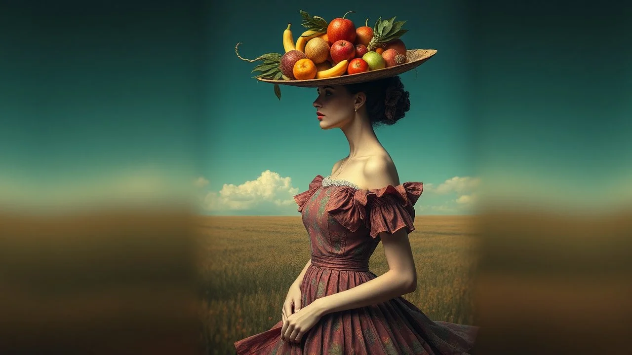there is a woman in a dress and a hat with fruit on her head, inspired by Arik Brauer, surrealistic digital artwork, inspired by andrey ryabovichev, abstract surrealism, beautiful digital artwork, inspired by Ignacy Witkiewicz, inspired by Darek Zabrocki, stunning digital art, surreal digital art, gorgeous digital art