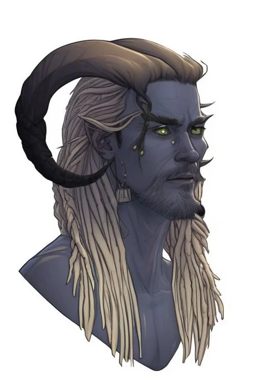 A tieffelin with blue skin and white Dreadlock hair. His pupil-less eyes are green. He wears a small beard.