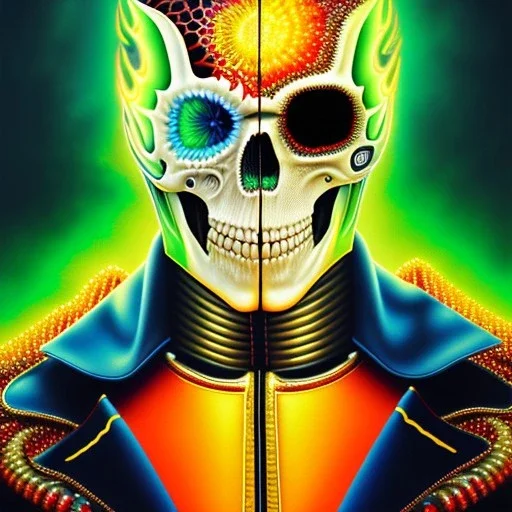 ultra detailed fullbody portrait of Ghost Rider, wearing skintight red costume, extremely detailed digital painting, intrincate, extremely detailed smiling face,crystal clear Big Green eyes, in the style of Adam Hughes , mystical colors , perfectly centered image, perfect composition, rim light, beautiful lighting,8k, stunning scene, raytracing