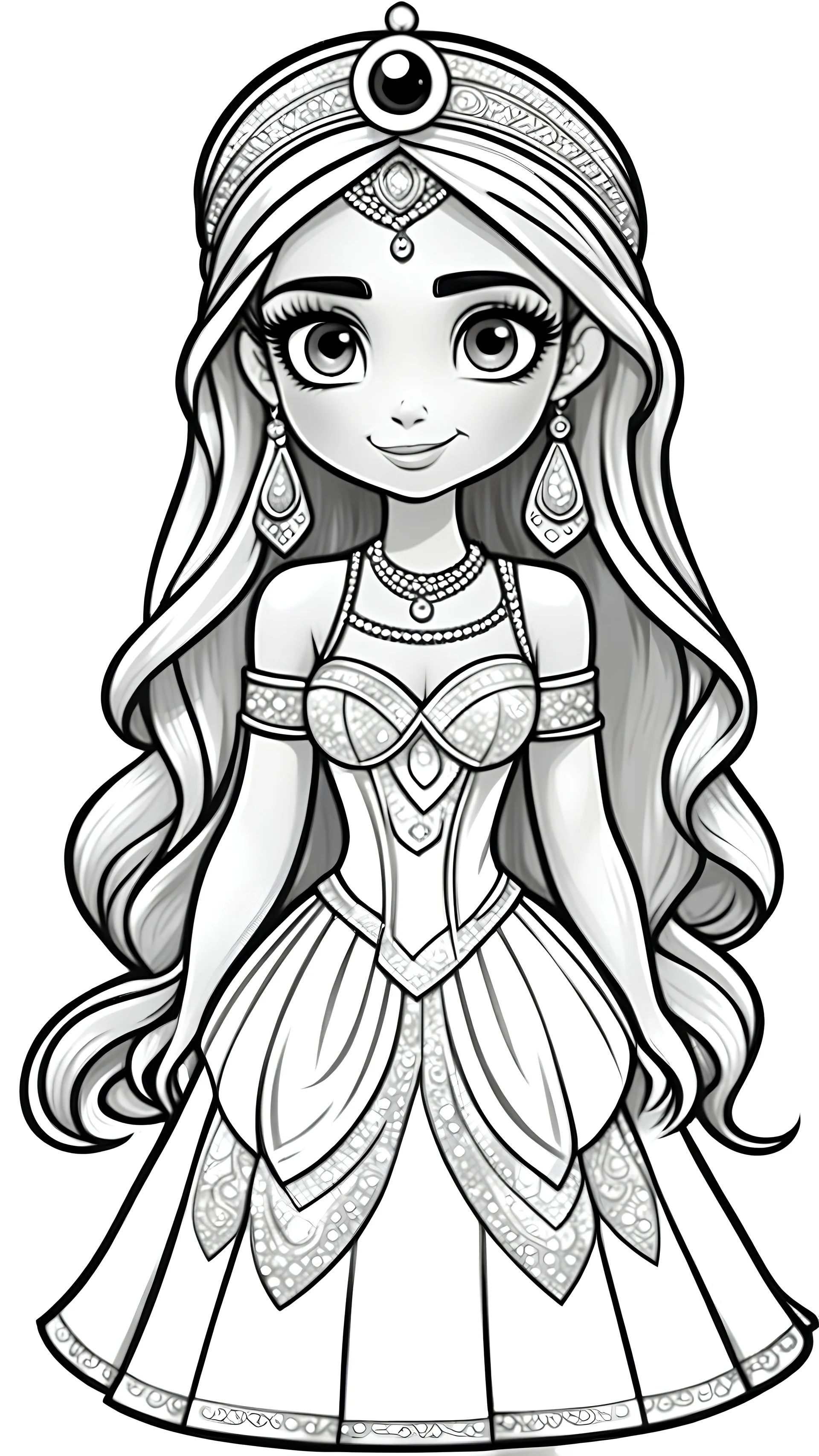 black and white, LOGO ((white background,)) coloring drawing page, cartoon, style pixar, line art, All body, beautiful cute princess ARAB, BEAUTIFUL DRESSES, with cute LONG hair and eyes, sparkles,