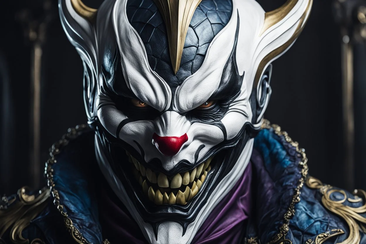 Shaco venom in 8k live action artstyle, white clown mask, close picture, intricate details, highly detailed, high details, detailed portrait, masterpiece,ultra detailed, ultra quality