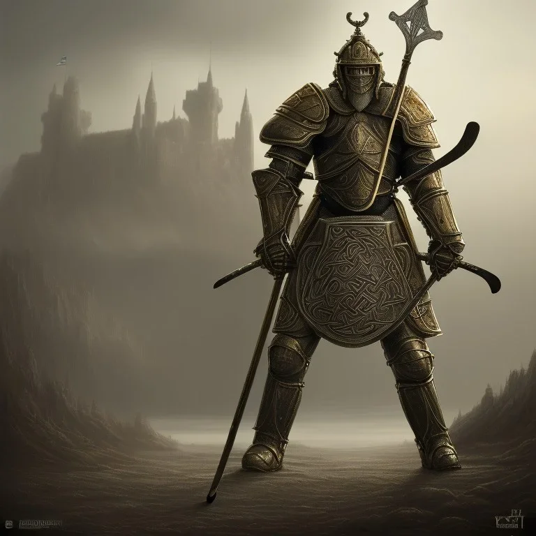 a Midieval knight in metallic gold and grey battle armor, attacking and holding a hockey stick, a highly detailed illustration, background of Celtic castle, realistic render, in style of tomasz alen kopera,