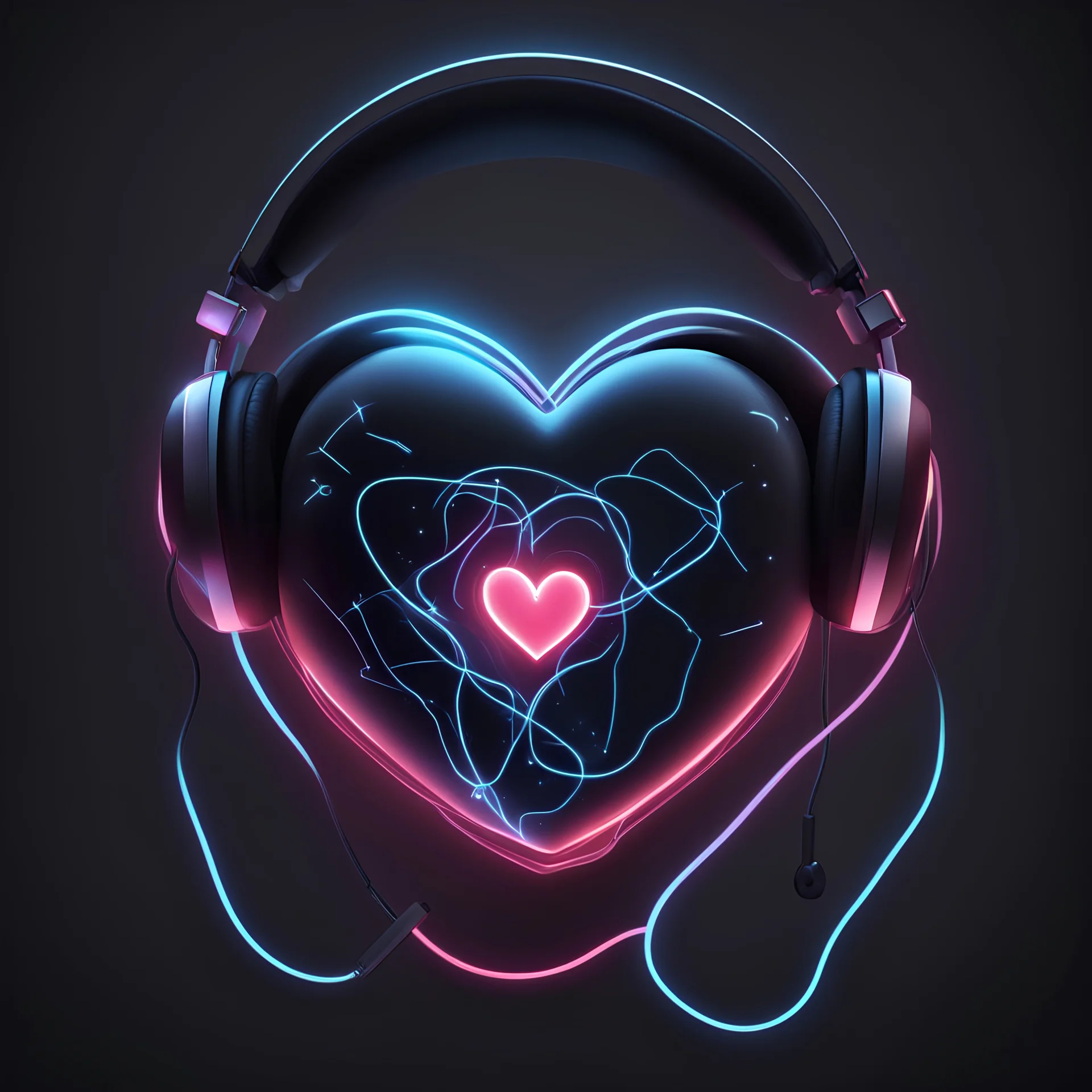 Luminous heart wearing a headset connected to a phone ، black wallpaper