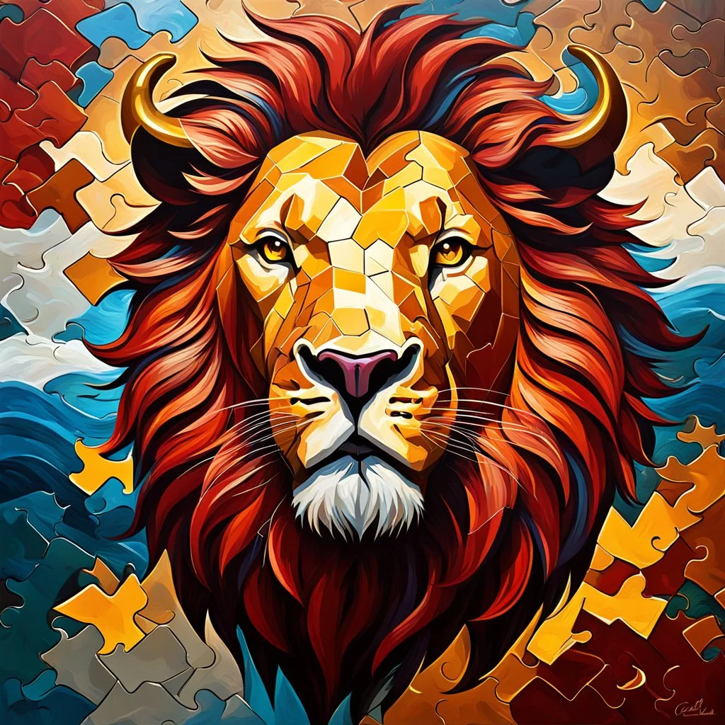 León estilo rompecabezas, pintura al óleo cómic,bcalifadbultra