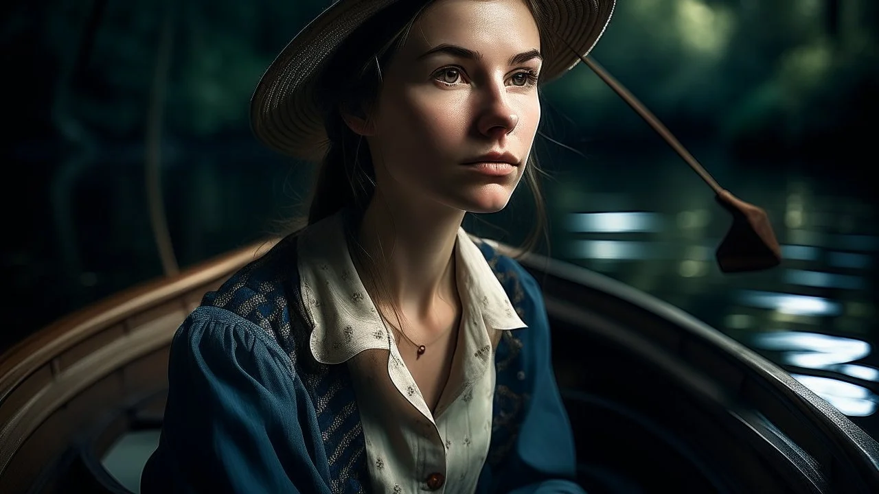 Portrait of a thoughtful young woman in a boat; the contrast between her light outfit and the dark water suggests an intimate moment of contemplation.