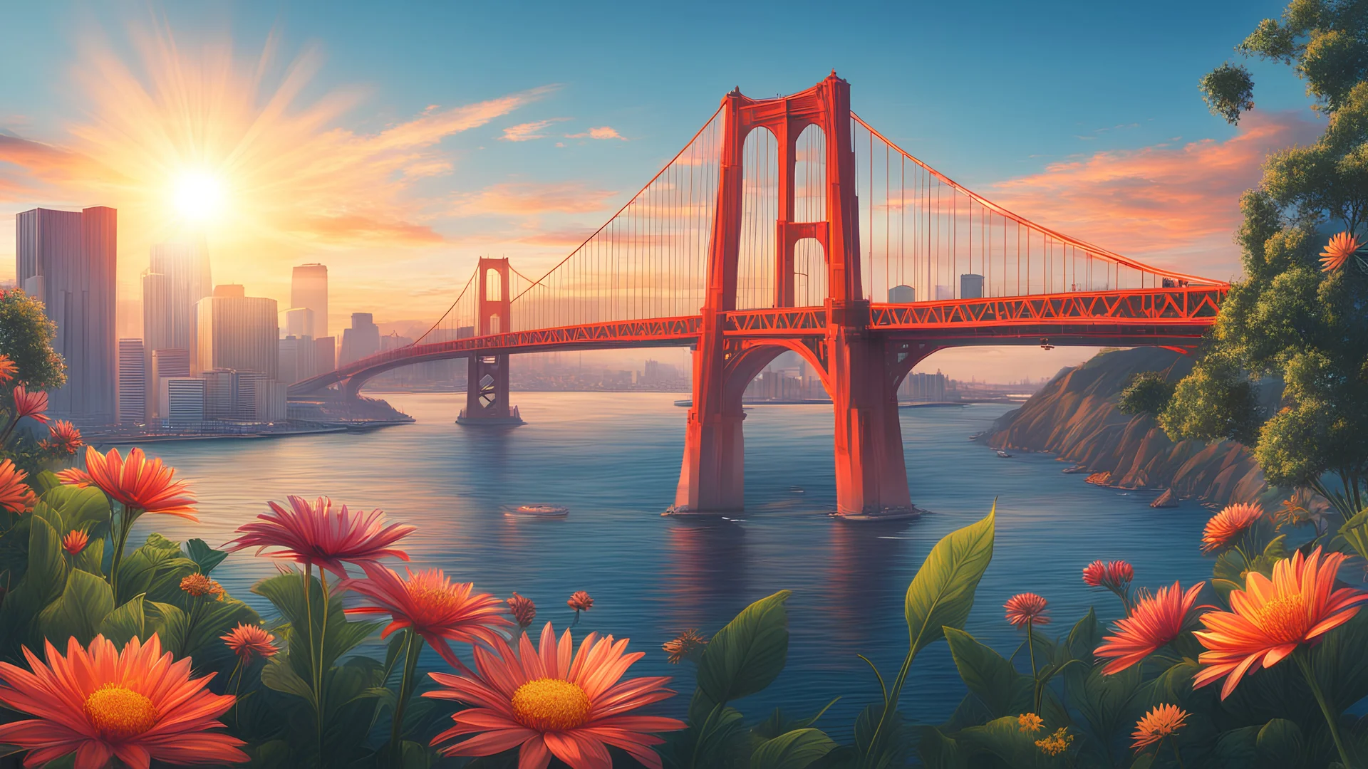 San Francisco Golden Gate Bridge, solar punk futuristic sky scrappers, sunrise from the river, nice blue sky, vibrant, greenery, flowers