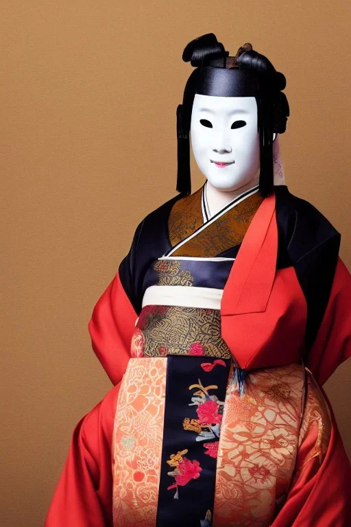 Portrait lady wearing a noh mask, full body shot, full-color medium shot, style of Japanese noh masks