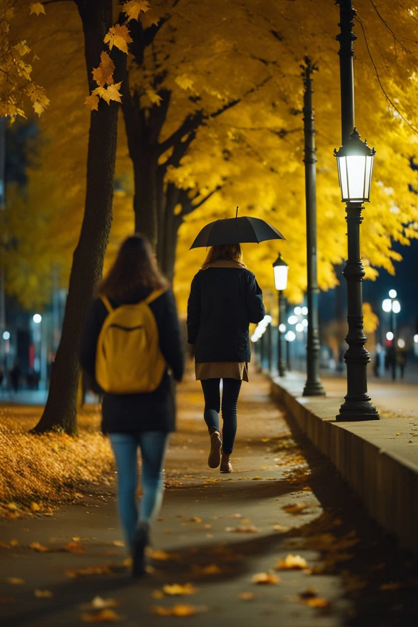 night yellow lights over the street trees autumn leaves under feet ,a Student adult girl with books in her hand walking in street looking to camera a boy walks after she few meters away her back