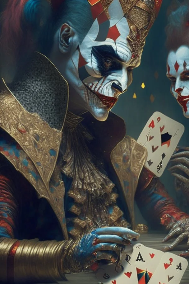 A harlequin character, playing cards with other people , sf, intricate artwork masterpiece, ominous, matte painting movie poster, golden ratio, trending on cgsociety, intricate, epic, trending on artstation, by artgerm, h. r. giger and beksinski, highly detailed, vibrant, production cinematic character render, ultra high quality model