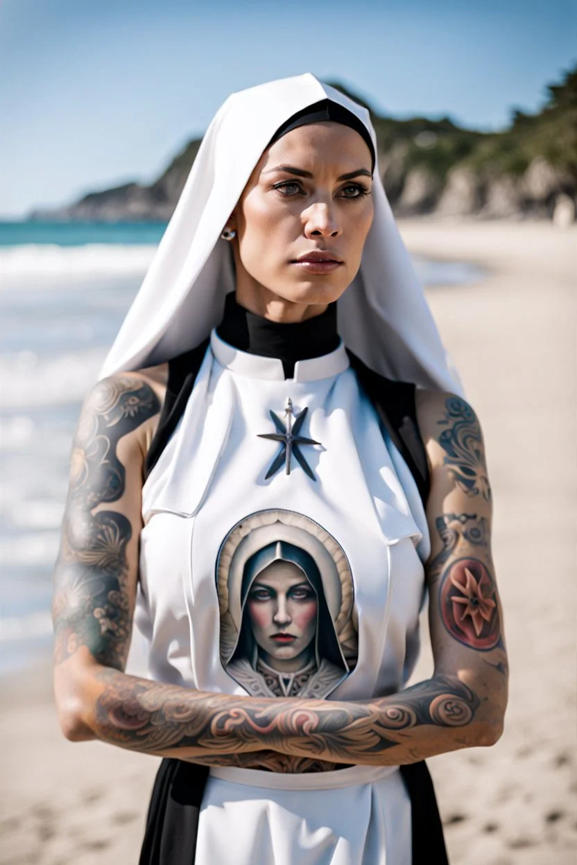 Tatooed attractive nun on beach sweat