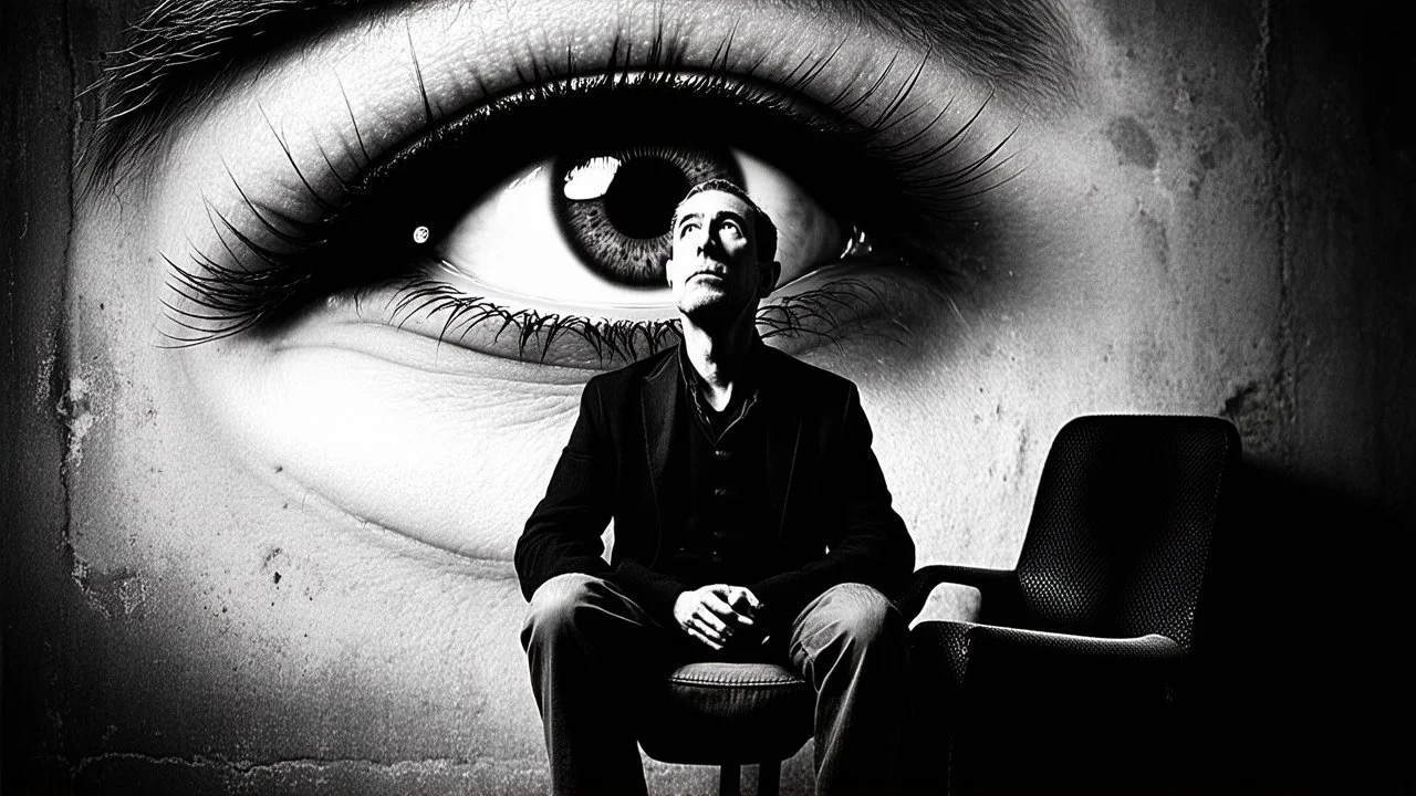 a black and white old photograph of a man sitting on a chair in front of a large, menacing eye. The eye is large and round, with a large pupil in the center and sharp teeth radiating outwards. The man is looking up at the eye with a serious expression on his face. The background is a concrete wall with a grungy texture, and there are small holes scattered throughout the image. The overall mood of the image is dark and eerie.