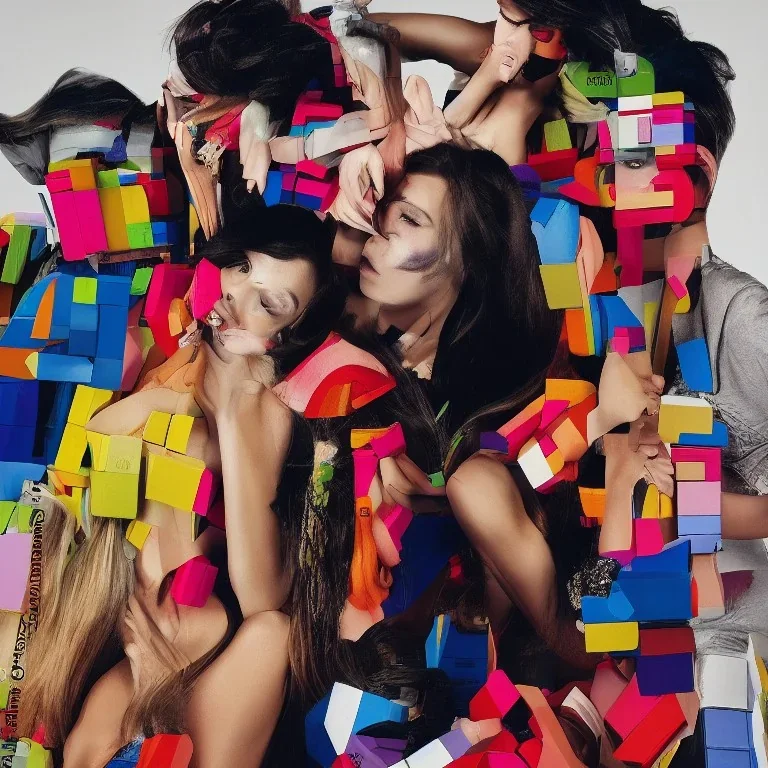 realistic photoshoot for a new balenciaga lookbook, beautiful young models, colorful makeup, set design made of lego blocks, in style of steven meisel, ultra high resolution, 8k, bright, fashion lighting, wide angle lens