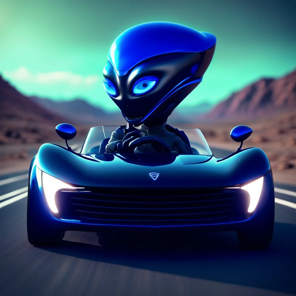 Magnetic blue cartoon alien driving a shiny black open sports car on a a senic road in aeizona, character portrait by Mike Winkleman, featured in cgsociety, pop surrealism, rendered in cinema4d, daz3d, behance hd