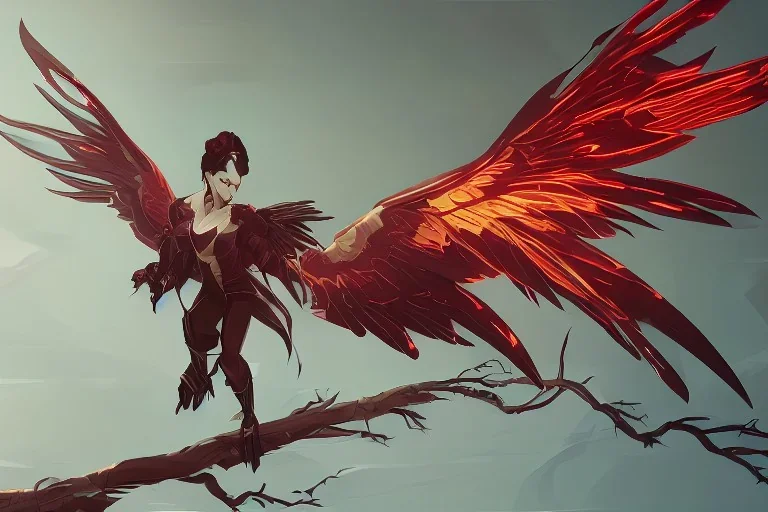 a detailed illustration of a black and red phoenix sitting on a branch of a tree, phoenix wallpaper, luminescent body, glinting wings, full body, symmetrical body, realistic, glowing wings, sharp focus, meticulously detailed, soft evening sky, 64k