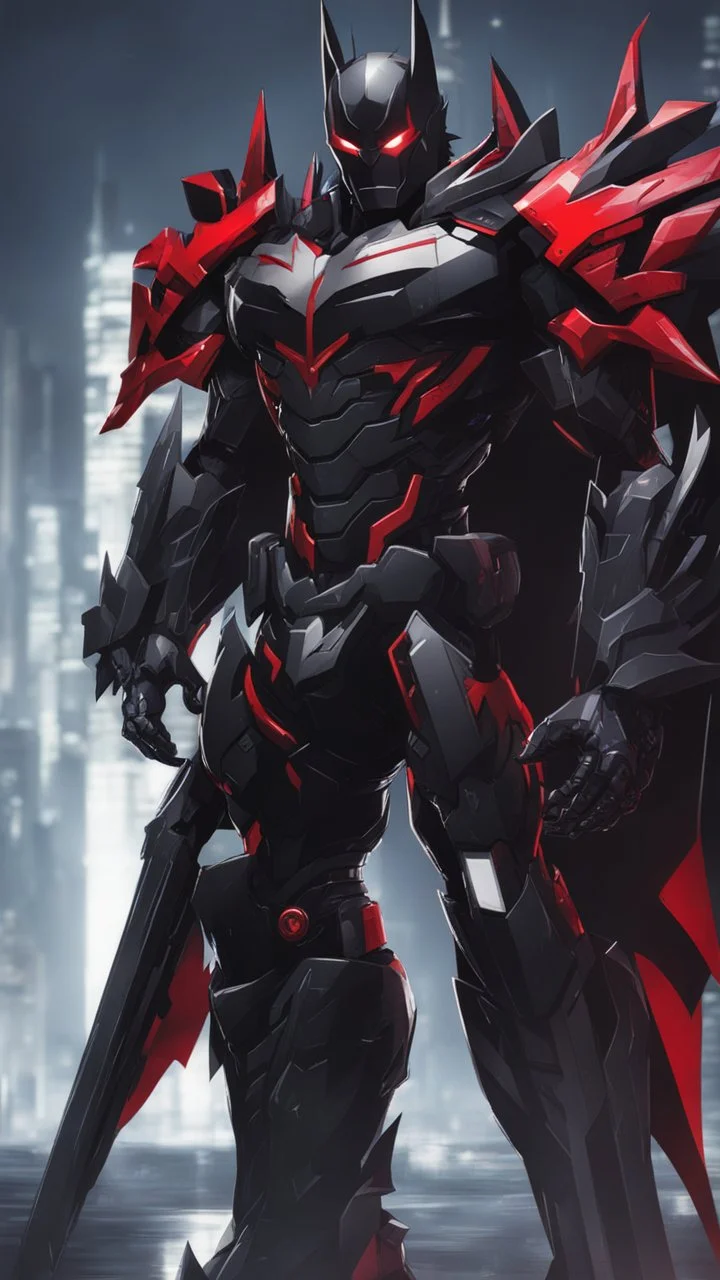 A close picture to Mix between symbiote and machine and batman in transformers cyborg with black metal and red details armor in solo leveling shadow art style with red details detailsis in fantasy world