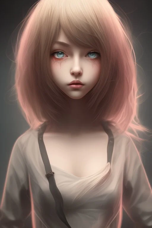 Realistic misterious Anime girl close and personal in warm abstract background