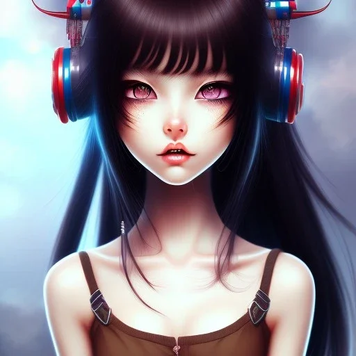 Japanese girl with big brown eyes and long black hair with bangs, cute, beautiful, cartoon, high quality, insane detail