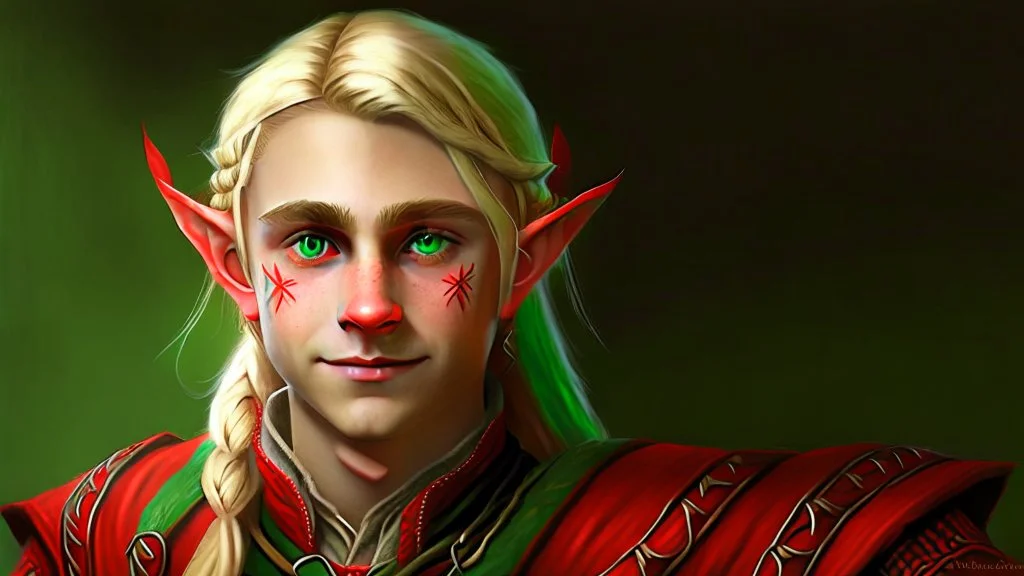 A young elf with blond hair in a single braid, green eyes and a small smile. He is dressed in an artist's costume mixing red and black as the main color.