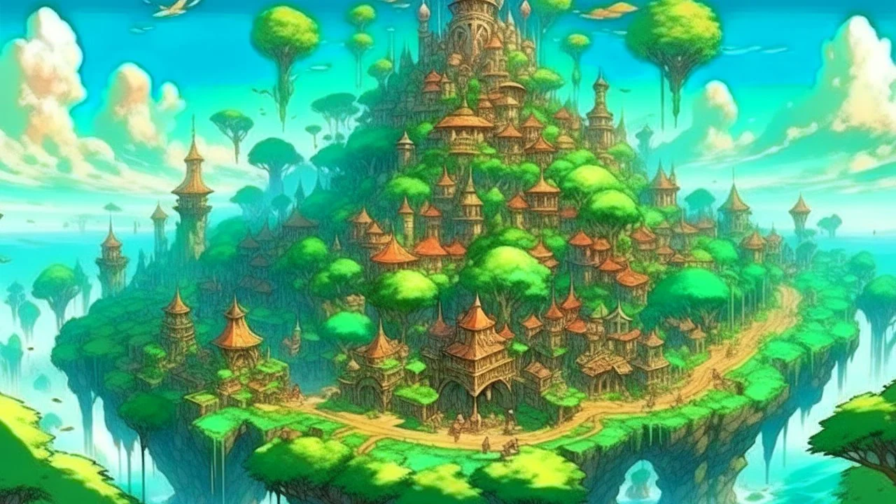 anime zelda artwork style, Highly detailed, 1 gorgeous flying island, Yggdrasil, medieval fantasy city