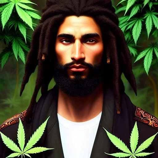 Kyle Rising of Sensi Trails, his handsome and highly detailed face, gothic, highly detailed, digital painting, highly detailed background of marijuana leaves, artstation, smooth, sharp focus, illustration, art by lisa frank, artgerm and greg rutkowski and alphonse mucha and william adolphe bouguereau, reggae