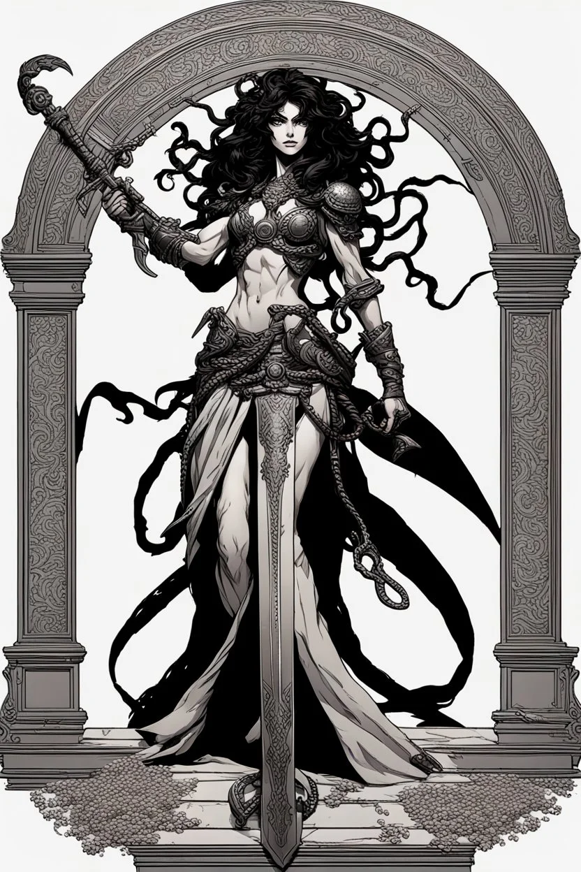 full-length persona, detailed, sword in hand, gorgon medusa