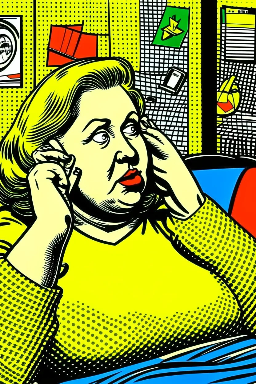 fat woman sitting on sofa listening to radio watching tv news in a room with signs of propaganda in the style of roy lichtenstein