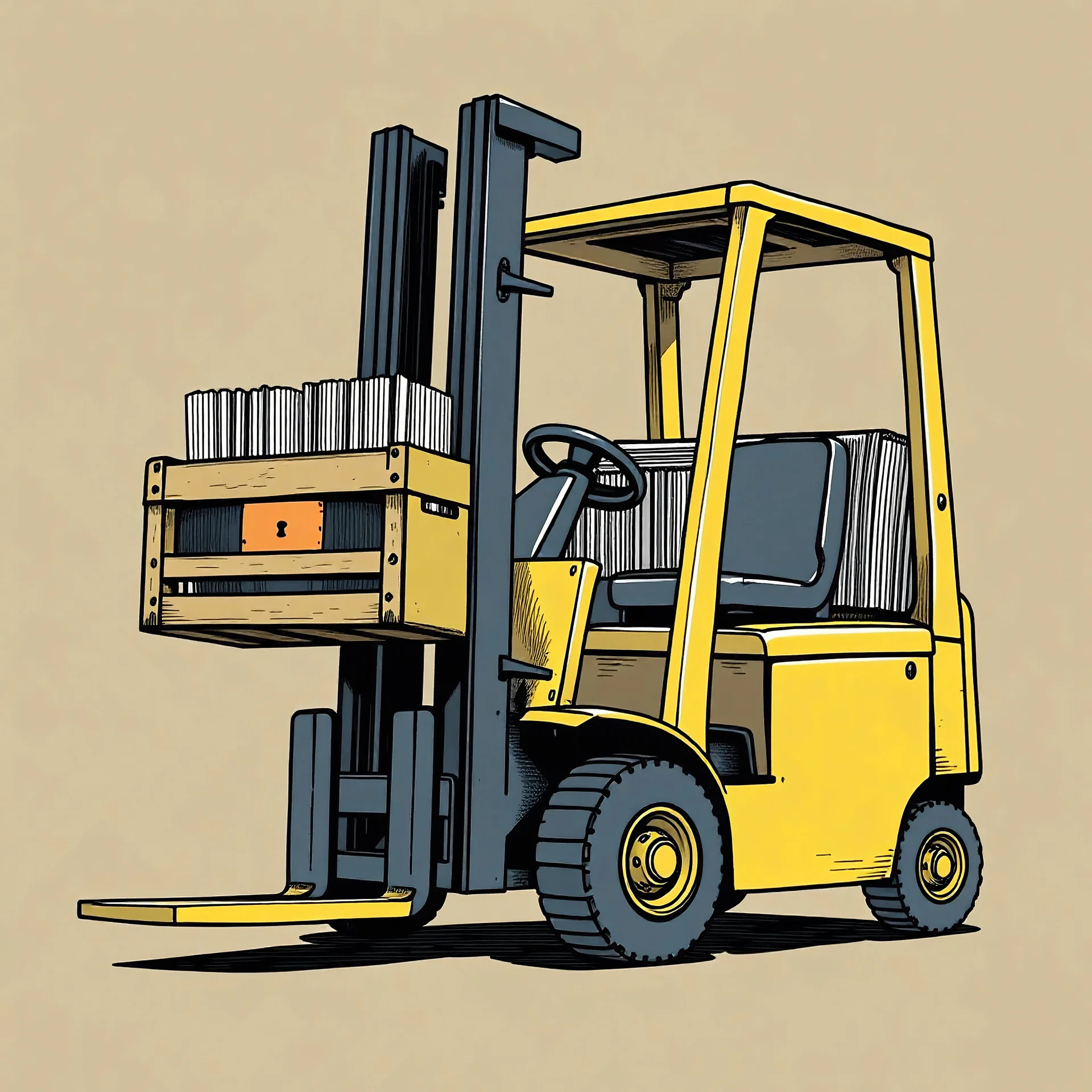 small forklift carrying a milk crate full of vinyl records in the front, illustration, no driver, solid background