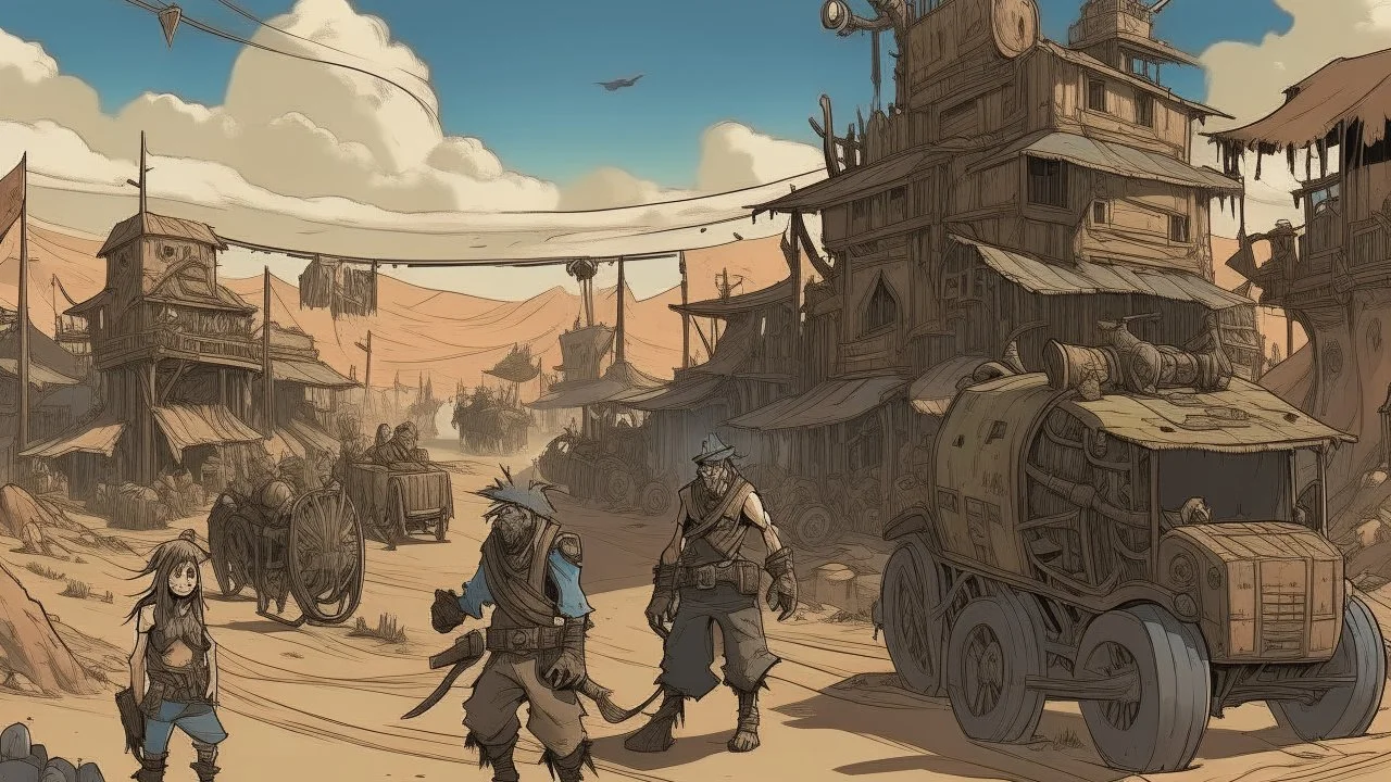 Post-apocalyptic desert town, traders on mechanical beasts, in a gritty, survival anime style.