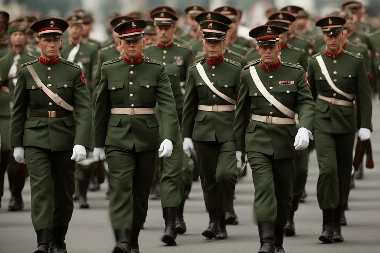 caucasian soldiers; marching in formation; military parade; tight formation; shoulder to shoulder; marching along a street; green uniforms; medals and insignia; weapons in hands;