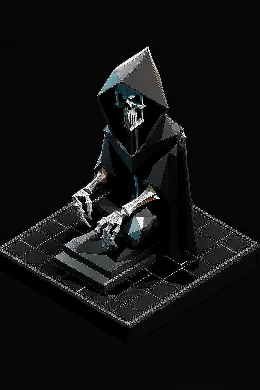 isometric low-poly character of a skeleton in a black hooded cloak,all inside a lighter diamond shape on a black background, monochromatic