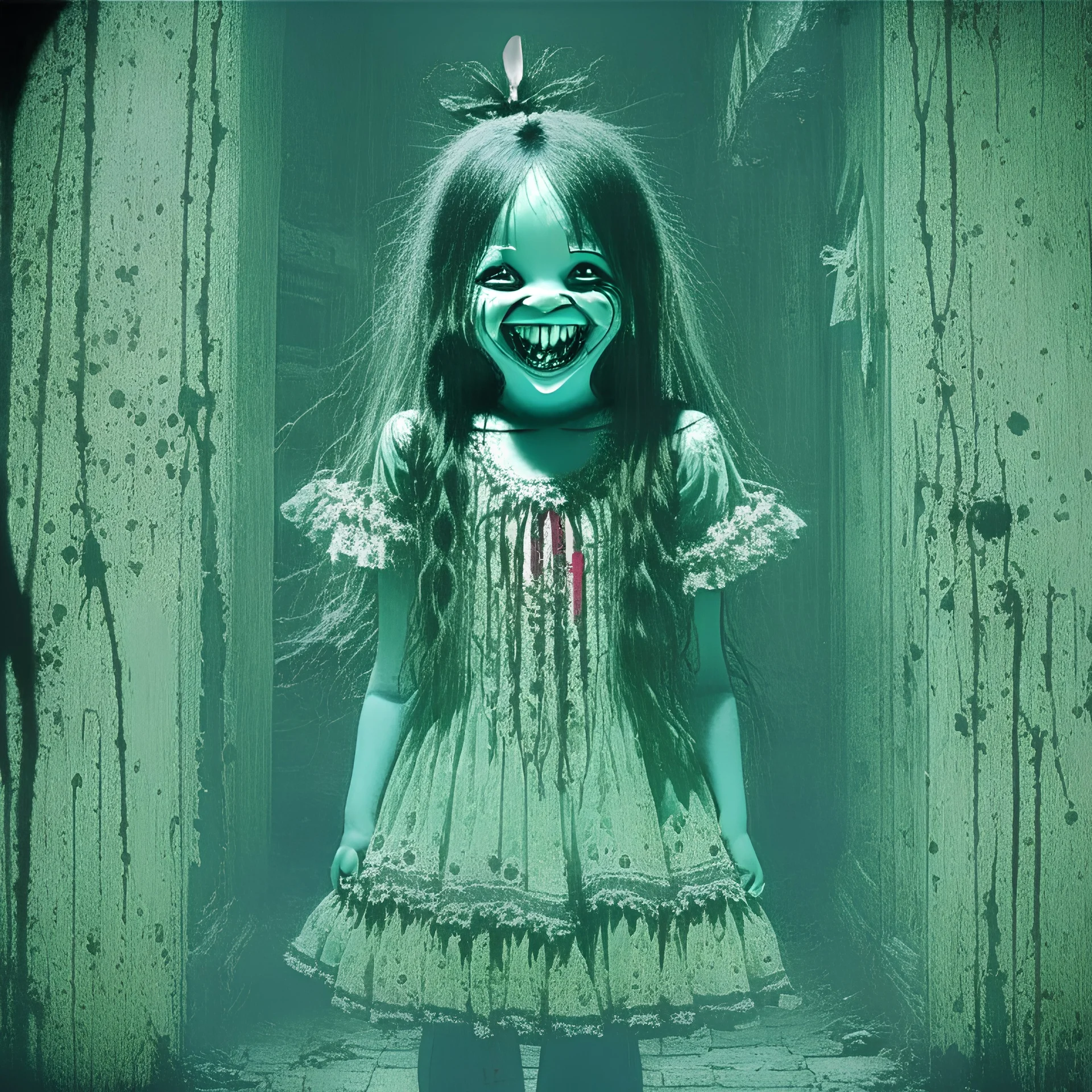 girl smiling, fullbody,creepy,horrifying,dreadful,sinister,