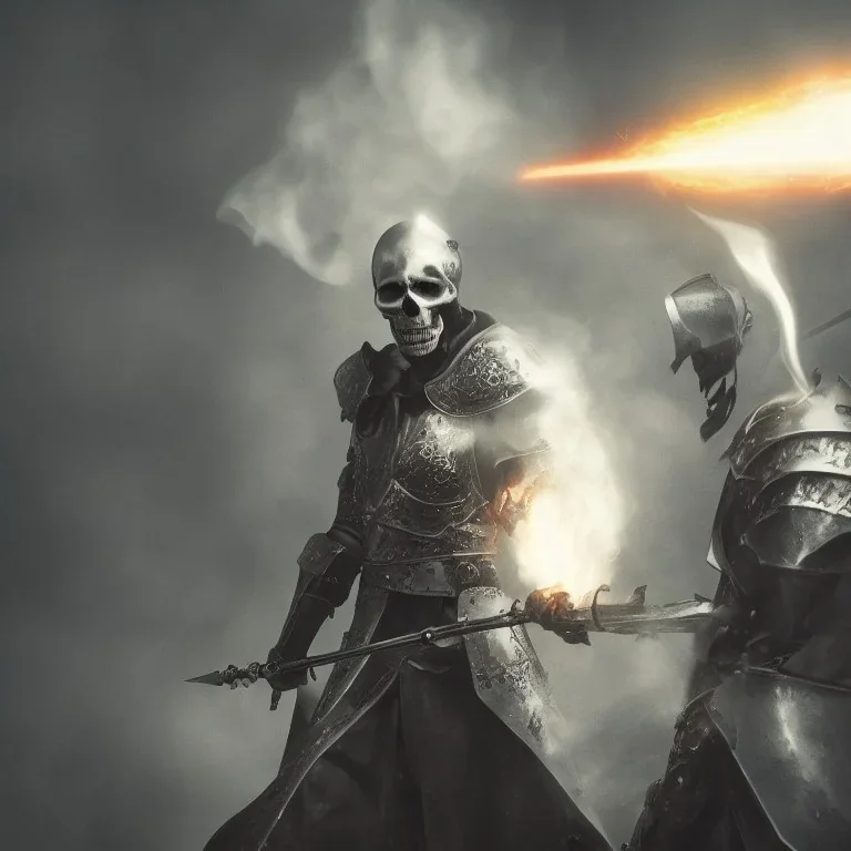 Skull headed knight with armor, big sword, standing still, smoke, realistic, 4K, High Definition, Centered