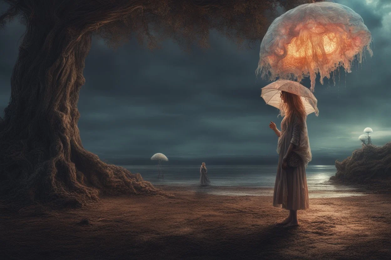 Full Body Shot Of A Young, Slim Woman Covered In rags, standing under a tree, holding an umbrella made from a jellyfish, a glowing ball in her hand, photorealistic, Detailed Matte Painting, Deep Colour, Fantastical, Intricate Detail,