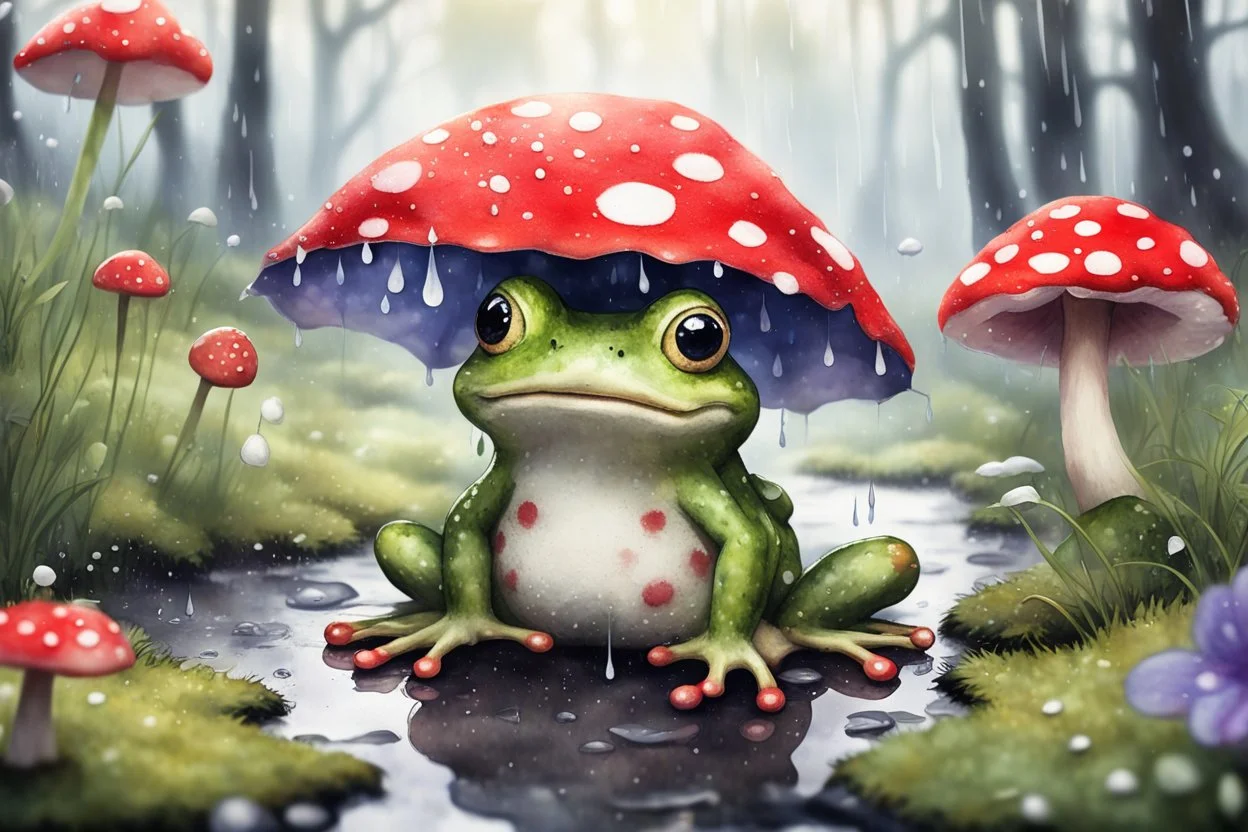 3D close-up of a very cute fluffy plushy chibi plush frog hiding from the rain under a red white spotted mushroom in the forest, puddles in front, grass and violets next to him, 3d effect melting watercolour on wet inked paper, black ink outline in sunshine, ethereal, cinematic postprocessing