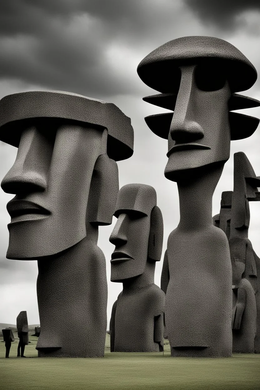 Please show a photo of aliens constructing the Easter Island Moai statues; Bauhaus; Neo-Expressionism