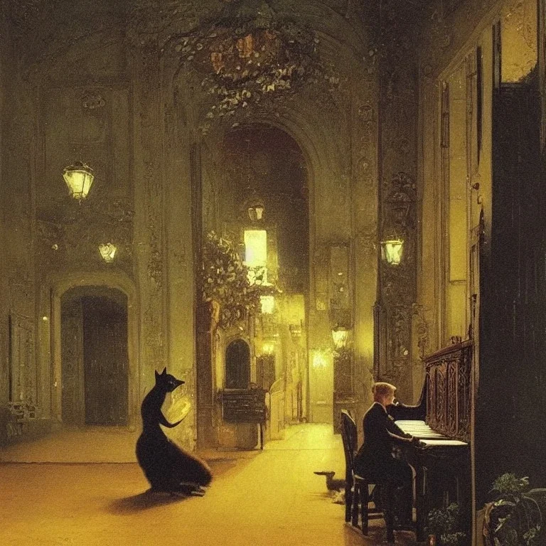 A cat in a historic dress is playing Piano. Background Music notes are dancing. Painting style like John Atkinson Grimshaw