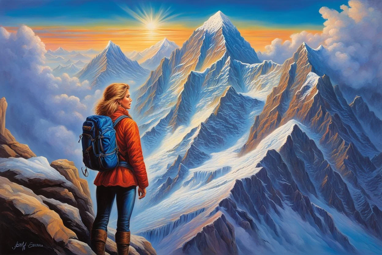 A perfect woman having a beautiful dream standing on the top of Mount Everest painted by Jeff Easley. concept art, mid shot, intricately detailed, color depth, dramatic, 2/3 face angle, side light, colorful background